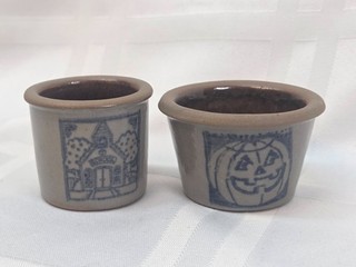 Pair Of 2 Miniature Stoneware Crock Mini Salt Glaze Pottery Farmhouse Country
