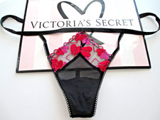 VICTORIA'S SECRET PINK Wink V-String Thong Panty S M L XL Black Heart Embroidery