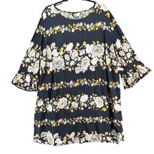 Old Navy Dress Womens 2XL Black Yellow Floral Bell Sleeve Knee Length Rayon Boho