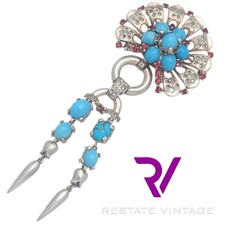 Trifari Alfred Phillipe Book & Museum Piece Turquoise Glass Rhinestone Brooch 