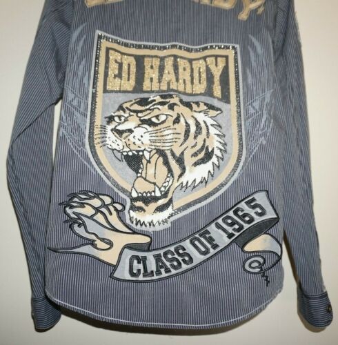 Camisa ED HARDY Sport Team Talla M Azul Rayas Logo Tigre Bordada Tachonada - Imagen 8 de 9