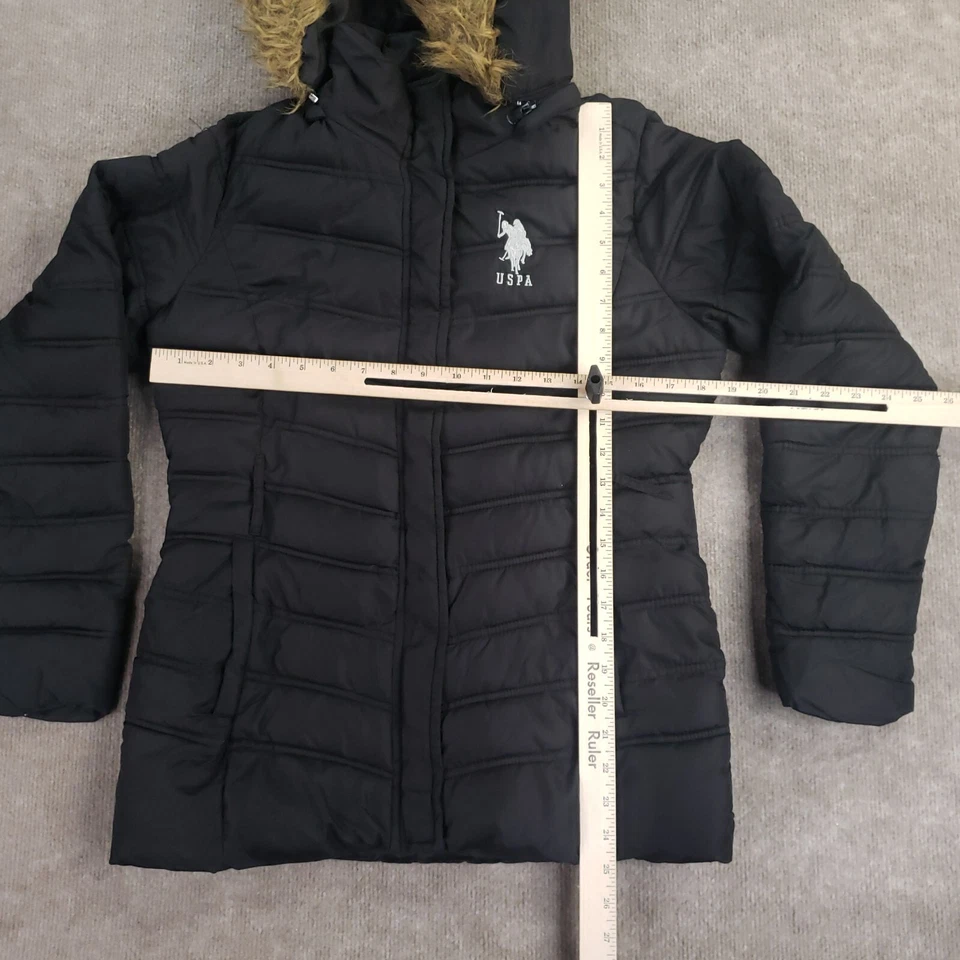 Chaqueta acolchada USPA para mujer mediana negra cremallera completa extraíble imitación piel capucha invierno Foto 2 de 4
