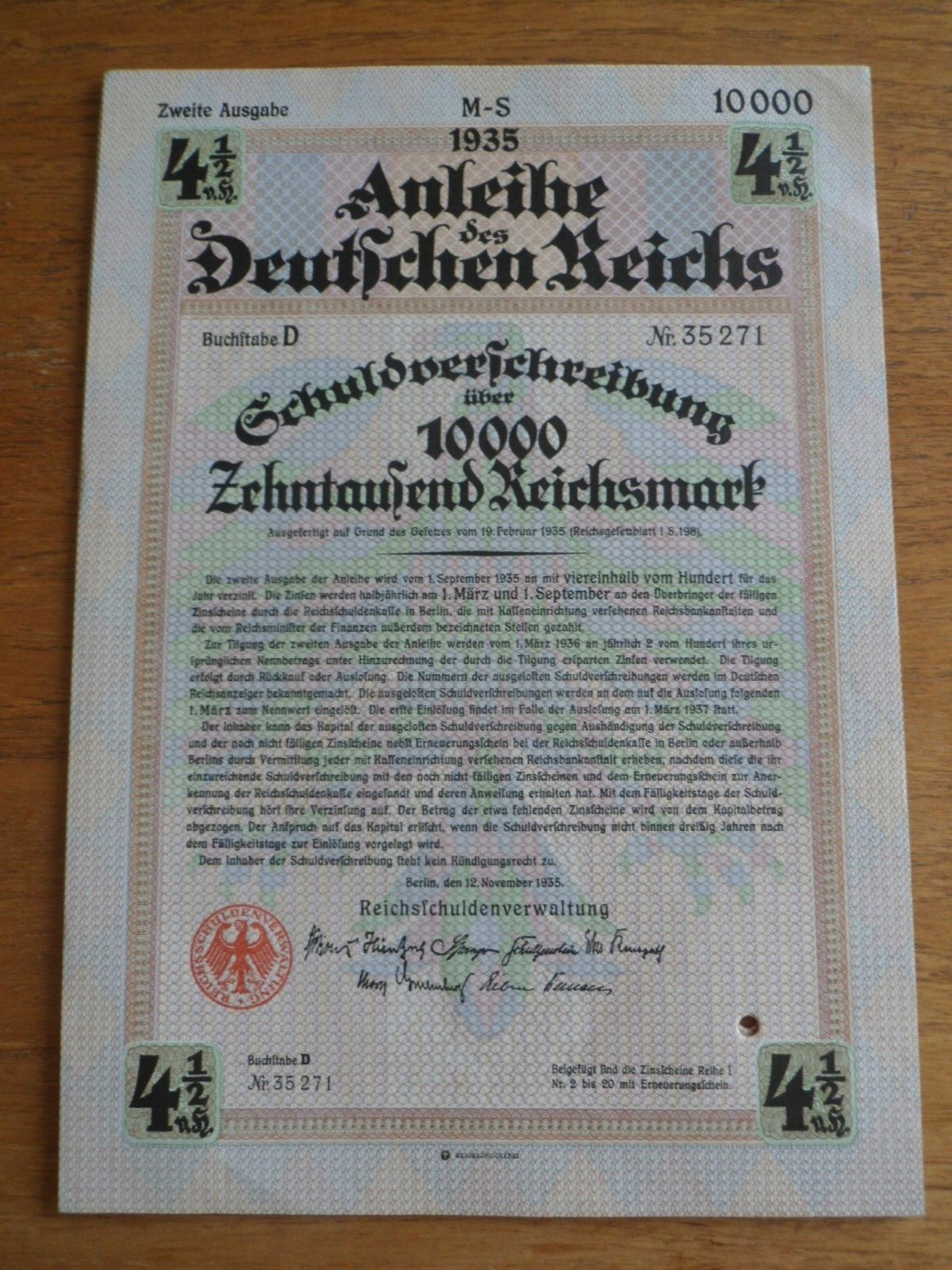 1935 3Rd Reich German Treasury Bill-10,000 Reichsmark-4.5%