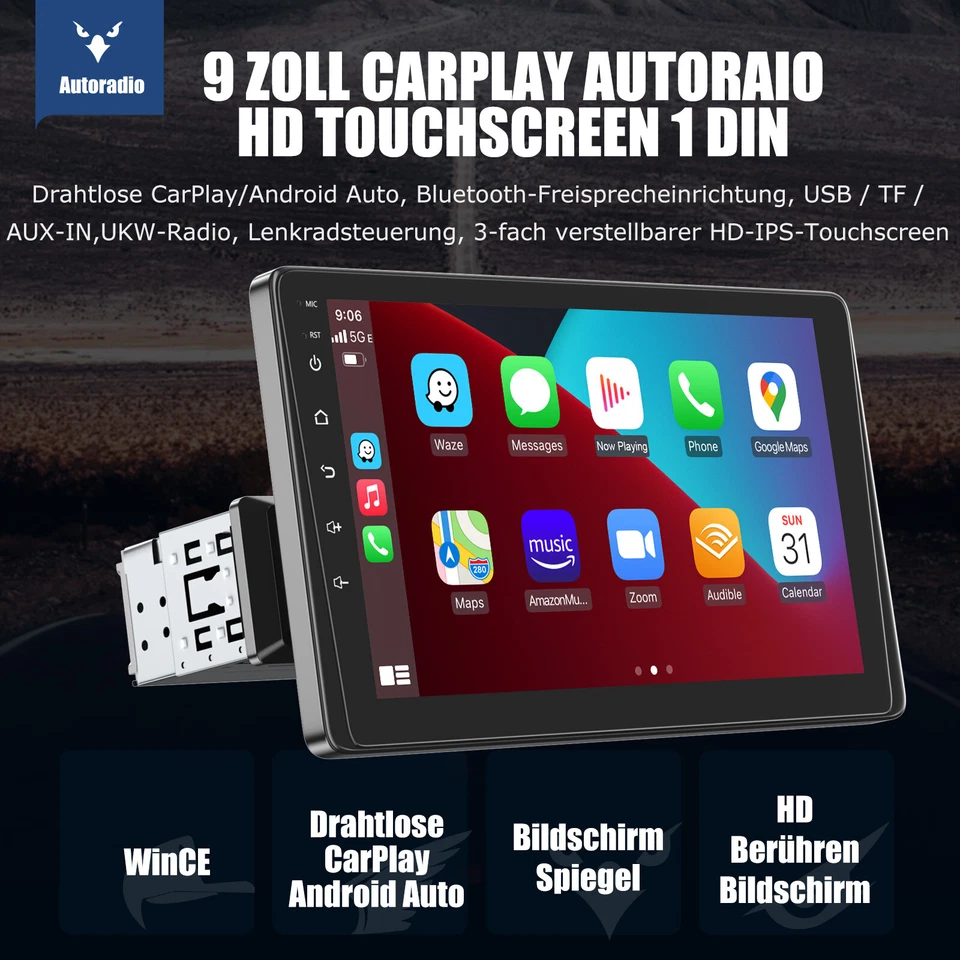 Autoradio 1 DIN Android Apple Carplay Mit 9" Bildschirm USB SD Bluetooth +Kamera - Bild 2 von 4