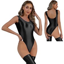 Womens Shiny High Cut Thong Bodysuit Leotard One Piece Monokini Bikini Swimsuit