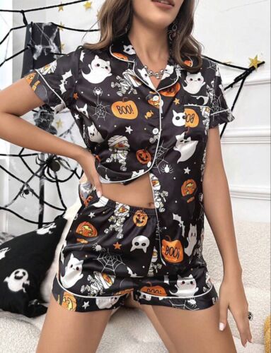 Seidig glatt Satin Halloween Kürbisfledermäuse Katzen Mama Lounge Pyjama Set - Bild 1 von 3