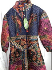 $350 Farm Rio Patchwork Midi Reversible Puffer Jacket Parrot Floral Quilt Large