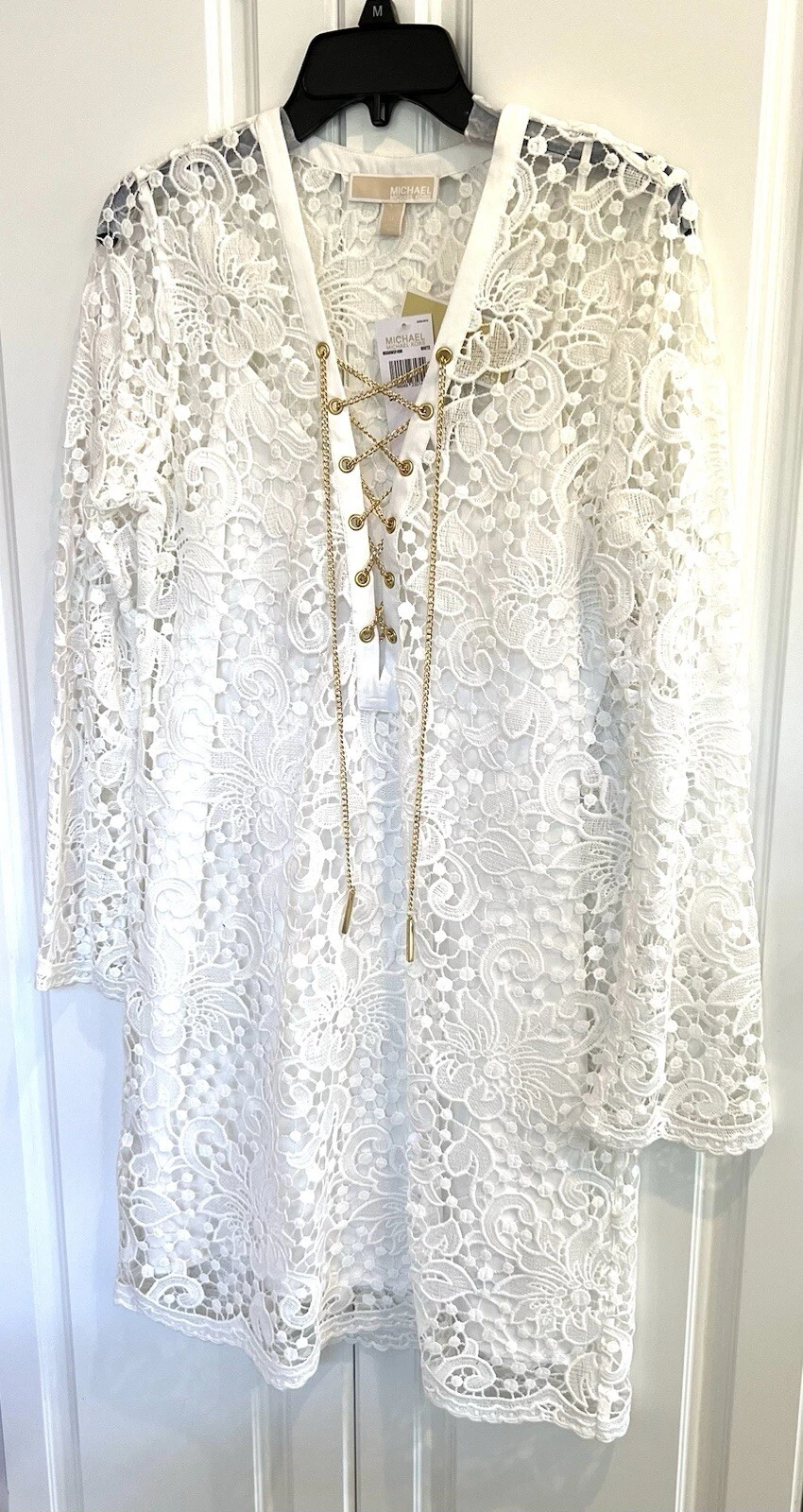 Abito Michael Michael Kors taglia Medium bianco pizzo catena oro corpetto stringato nuovo con etichette