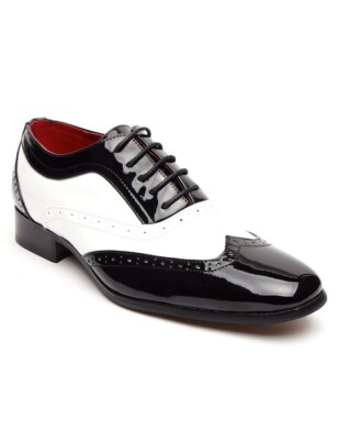 Mens Retro 1920s Faux Patent Leather Shoes Black White Gatsby