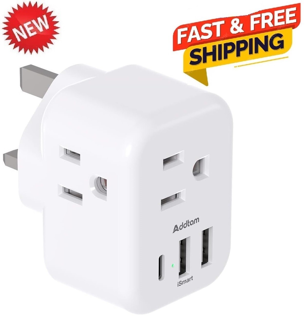 US to UK Ireland Plug Adapter, Addtam Type G Power Adapter with 3 AC white
