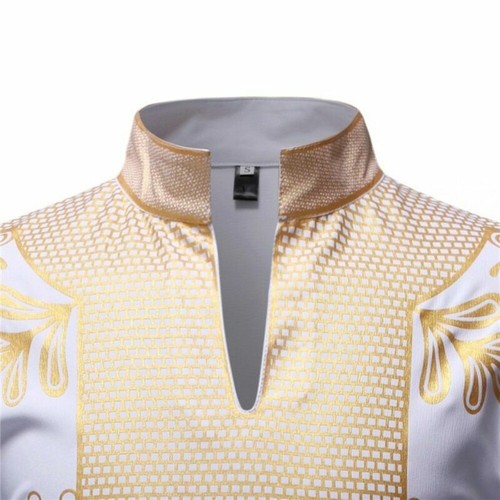 Men's African Dashiki Luxury Tribal Print Shirt Metallic Gold Top Blouse Shirt - Picture 10 of 17