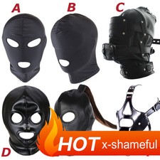 Couples Black PU Leather Full Head Face Hood Mask Slaver Restraints Costume