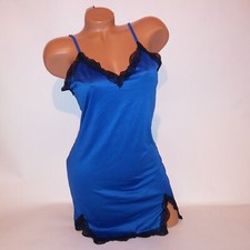 Lingerie Chemise Slip Blue Black Lace Trim Sleeveless Night Gown Sleepwear