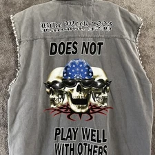 Vintage Biker Design Denim Vest XL Laconia 2003 Gray Skulls Does Not Play Well