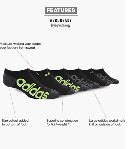 adidas Big Boys 6 Pair No Show Socks Medium and Large - Picture 3 of 9