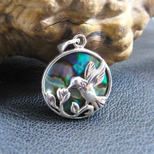 Solid 925 Sterling Silver Hummingbird Flower Pendant w/ Abalone Paua Shell
