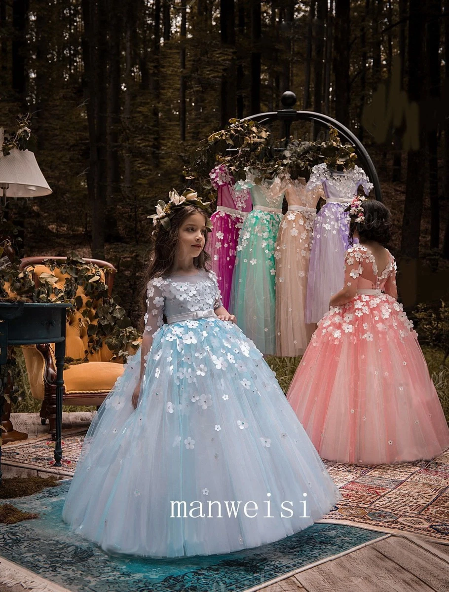 Blue Flower Girl Dress Coral Half Sleeve Rustic Princess Wedding Party Ball  Gown