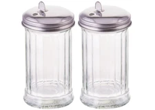 2 Glass Sugar Shaker Retro Dispenser Pour-Flap Lid Stainless Steel Lid 12 OZ Ea.
