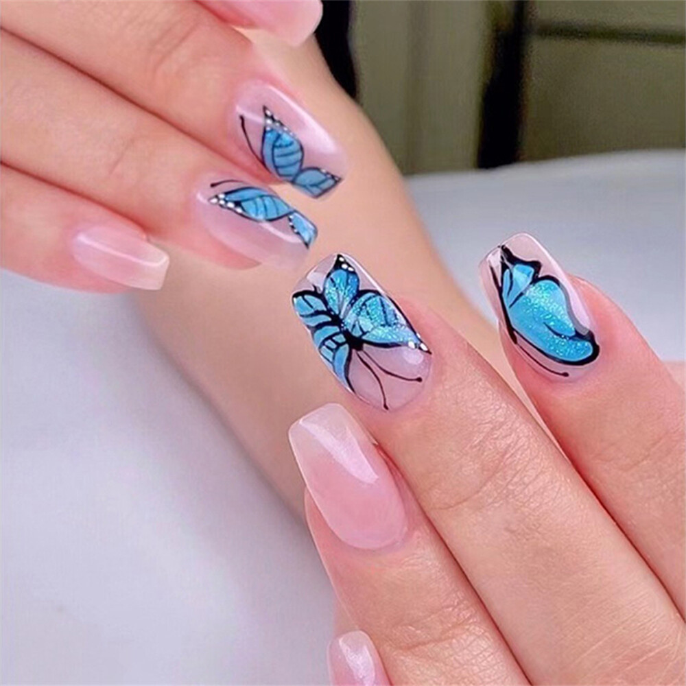 Square False Nails Blue Butterfly Pink Short Press on Nails for Nail Art  24pcs | eBay
