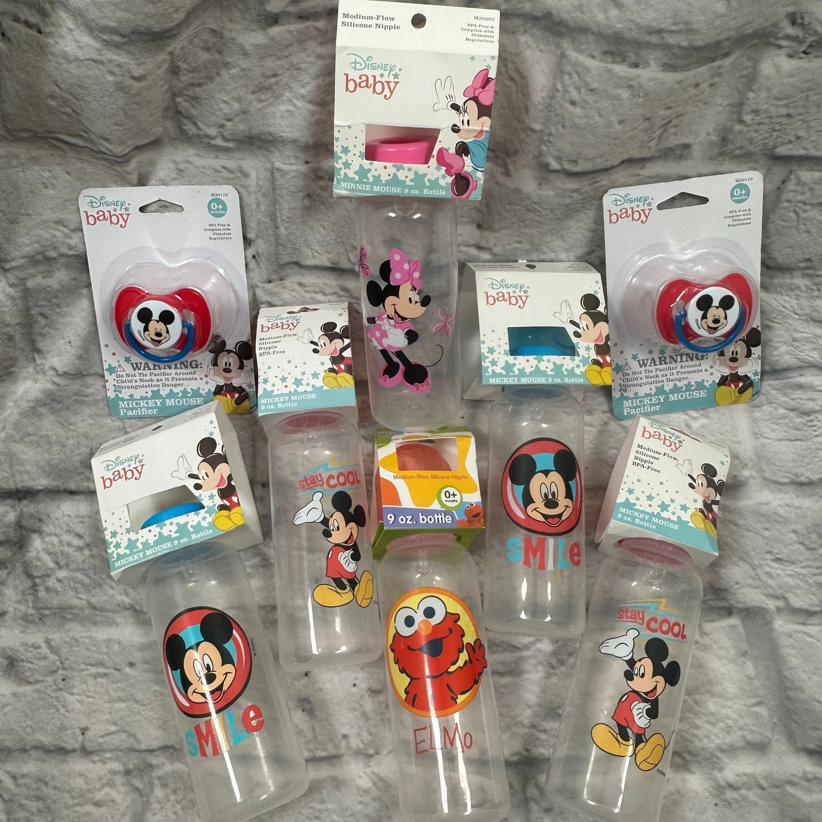 Lot of 8 Disney Mickey Minnie Elmo 9oz Medium Flow Baby Bottle Pacifiers NWT