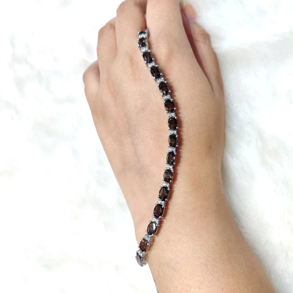 Brazalete de tenis de plata de ley 925 con piedras preciosas de cuarzo ahumado natural y circón G87 Foto 2 de 4