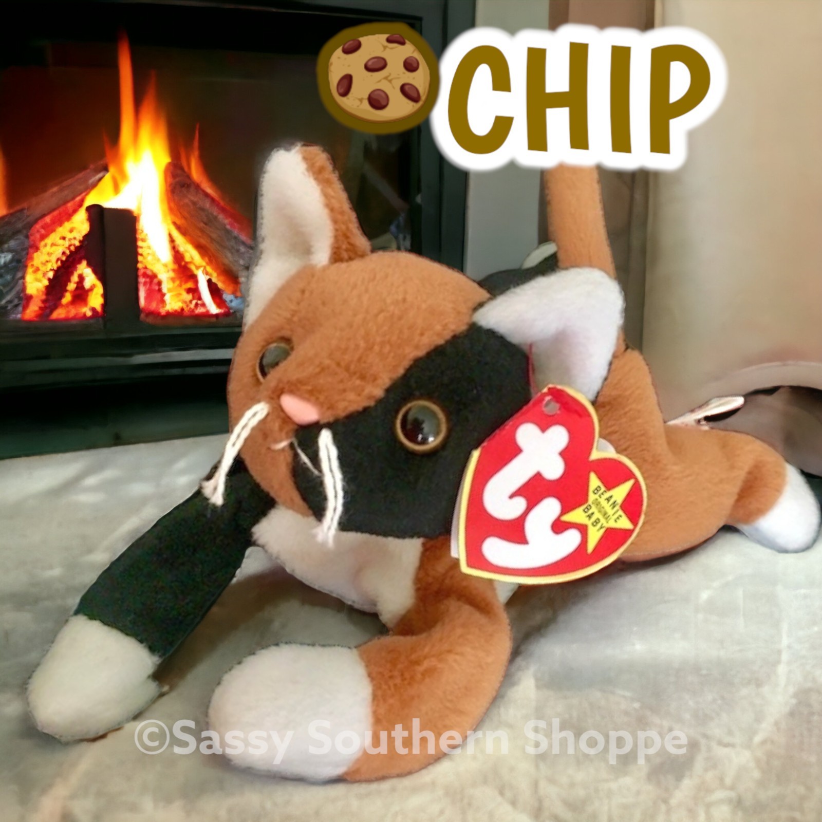 🤎 CHIP 🤎 1996 Ty Beanie Babies Calico CAT 4th or 5th Gen Hang Tag *MWMT*