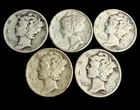 LOT OF 5 - 1944 MERCURY DIMES 90% SILVER