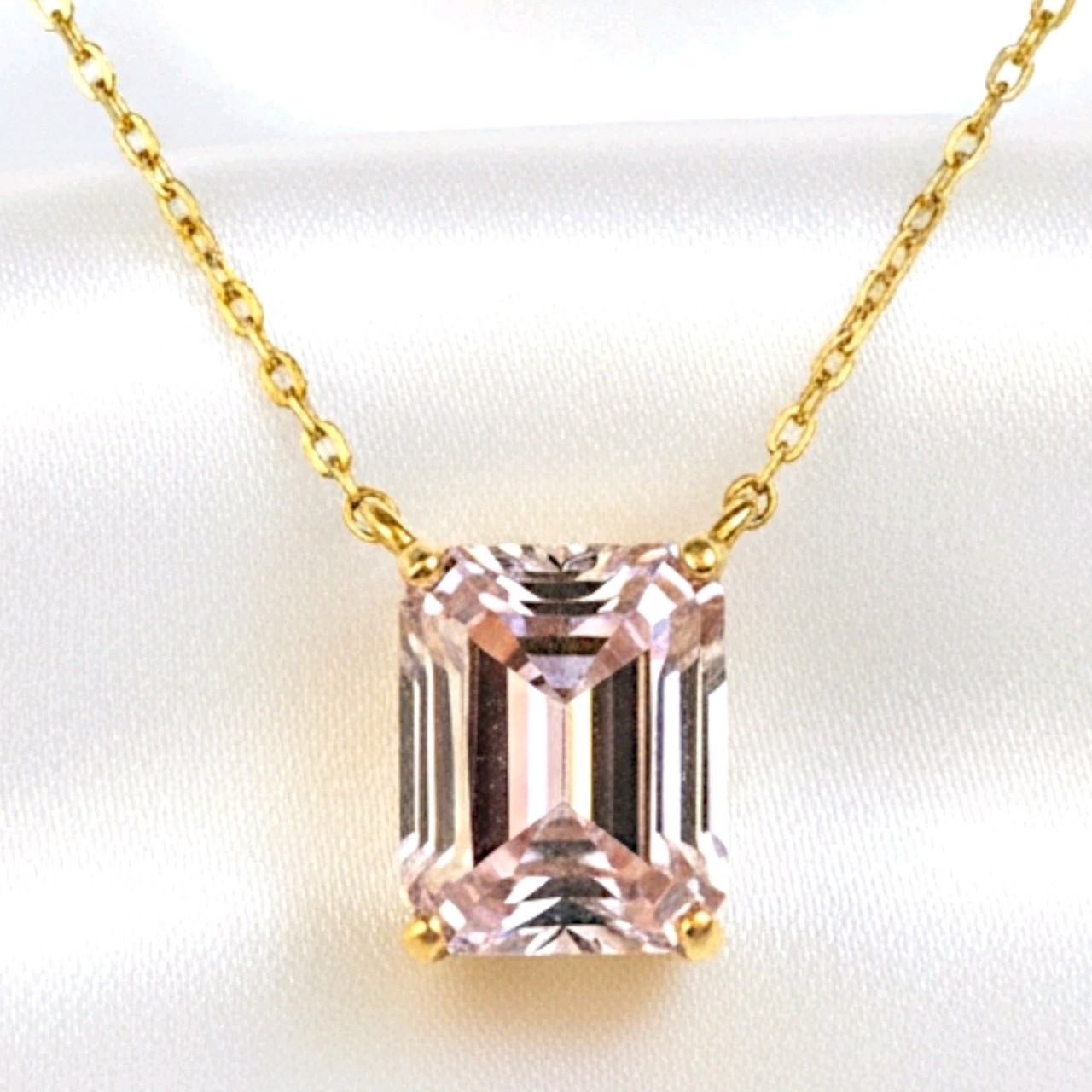 Gold Cake 925 Sterling Silver Pink CZ Emerald Cut Necklace Gold Plated 17