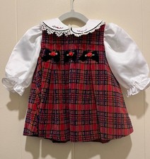 Vintage Baby Togs Holiday Plaid Lace Collar Velvet Bows Dress  6-9M