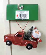 Christmas Holiday Red Truck with Christmas Tree and Santa Claus Ornament