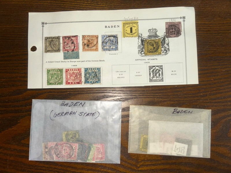 BADEN - GERMAN STATE STAMP COLLECTION ON ALBUM PAGE - PLUS MORE