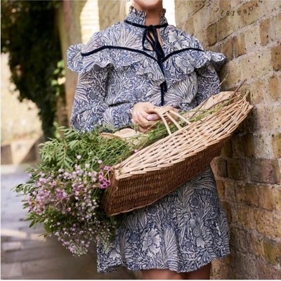 Hope And Ivy Marigold Blue William Morris Print Velvet Tie Dress; Size 18
