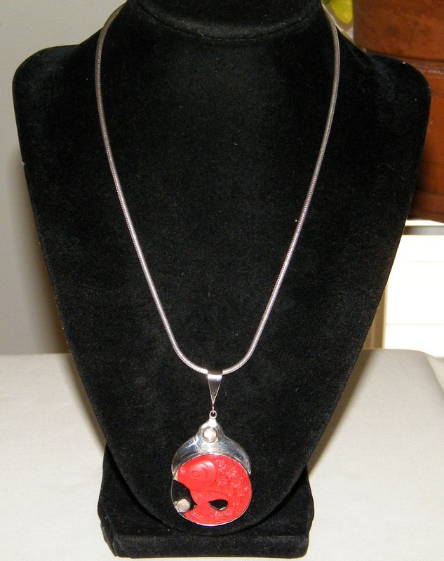 Vintage SAJEN 925 Sterling Silver RED CINNABAR FISH PENDANT NECKLACE 18in Chain