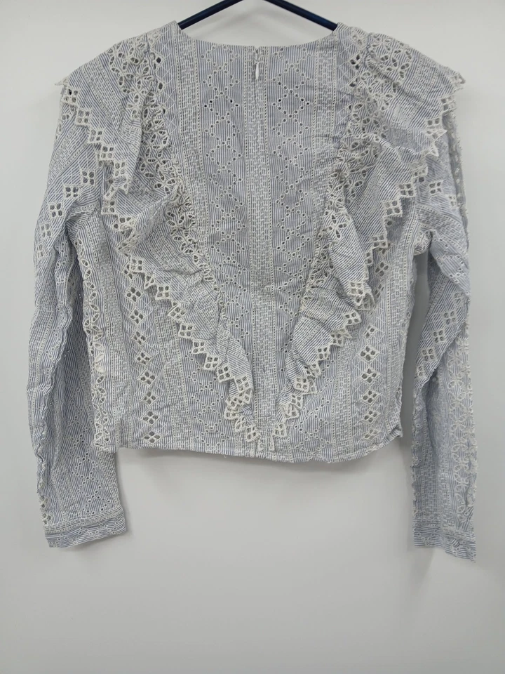 H&M Blue Striped Cotton Lace Blouse UK Size 8 Ruffled Long Sleeve Elegant - Image 2 of 4