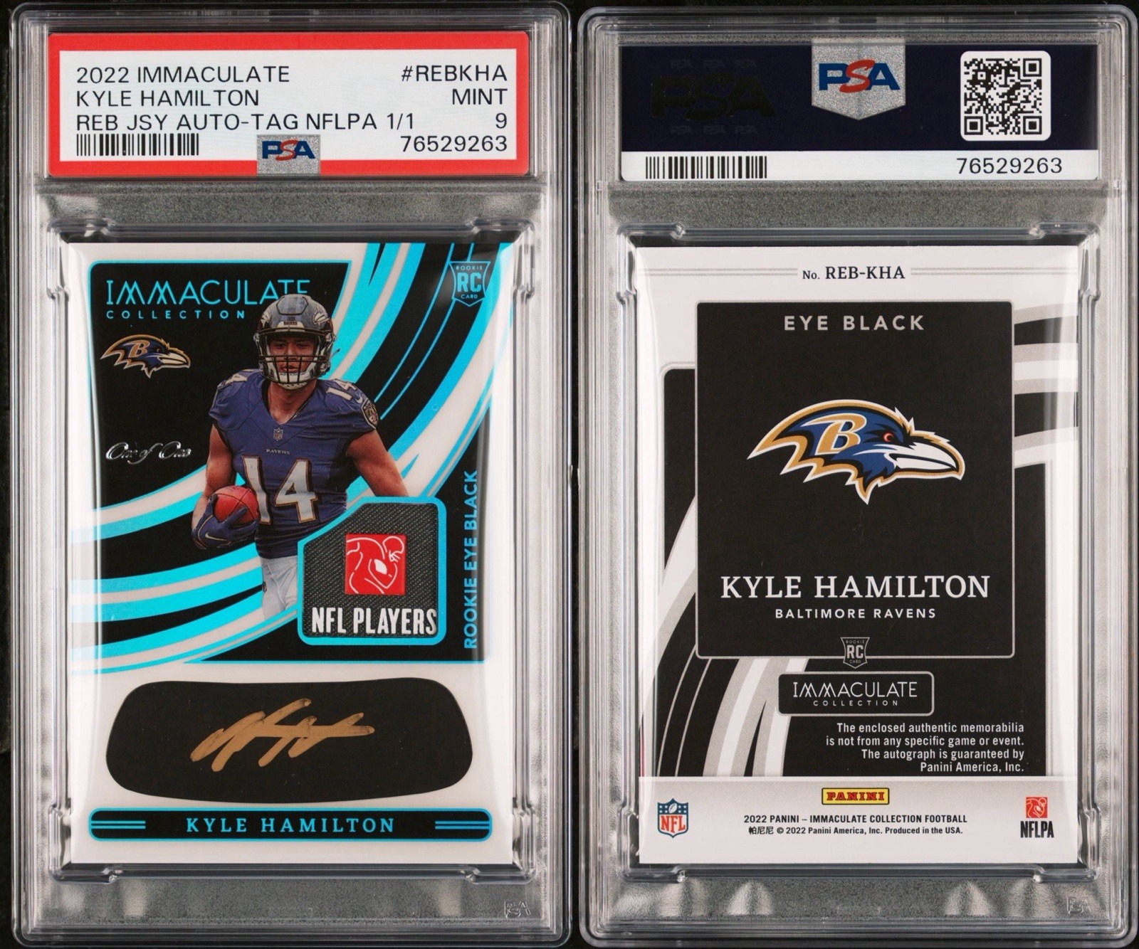 2022 Immaculate Kyle Hamilton Laundry Tag Eye Black Patch Auto 1/1 PSA 9 Ravens view 3