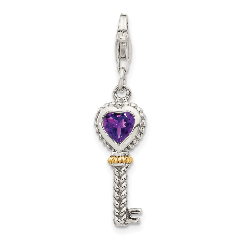 Sterling Silver with 14K Gold Accent Heart Amethyst Antiqued Key Charm Pendant