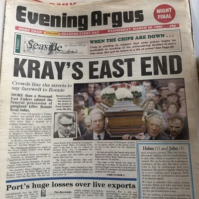 Evening Argus Newspaper. Ronnie Krays death article .  W1 Paper incomplete