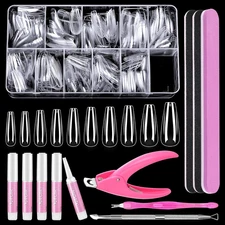 MORGLES Full Cover Coffin Nail Tips Set, 500 Pcs Clear Press on Nails, with Glue