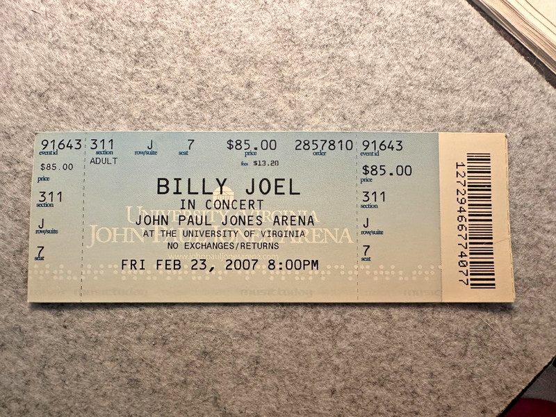 Billy Joel Concert Ticket Stub FEB 23, 2007 John Paul Jones Arena at UVA