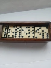 Antique Bone & Ebony Domino Set. 28 PC, One Brass Rivet/Pin, Wood Slide Box