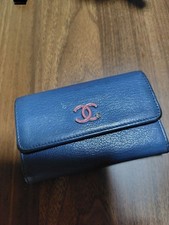 Authentic Chanel Lucky Flower Coin Purse Card Case Blue Leather A2099
