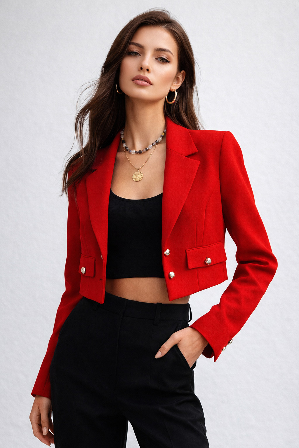 ZARA Red Cropped Blazer Jacket Women’s Size S Pearl Button Pockets New