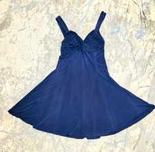 Twist Front A-Line Swing Blue Preppy Stretch, Wide Straps, Midi Dress Sz L