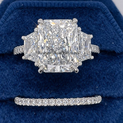8.0CT Radiant Lab Grown Diamond Trapezoids Matching Band Ring Set 14k White Gold