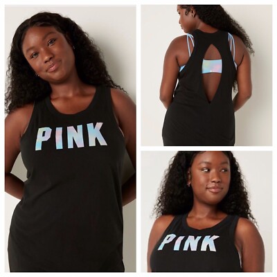 VS VICTORIAS SECRET PINK EVERYDAY RACERBACK TANK TOP BLACK BLUR CLASSIC LOGO M