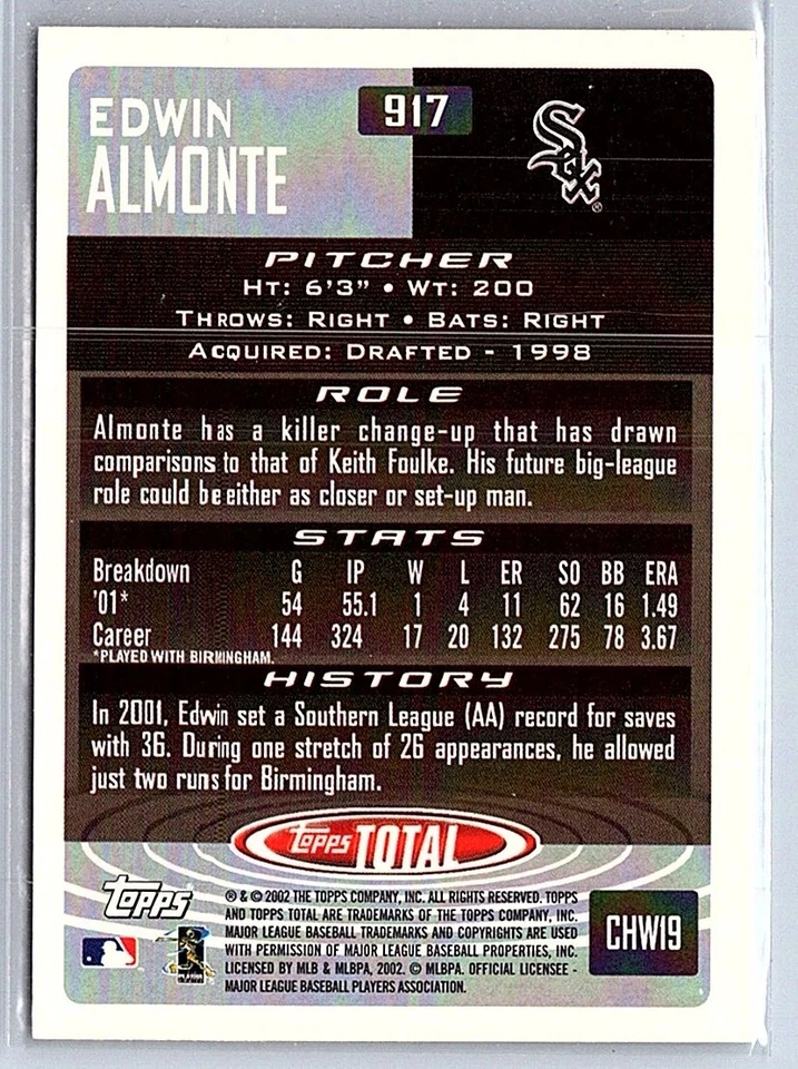 2002 Topps Total #917 - Edwin Almonte - Chicago White Sox - ROOKIE CARD - NM - Image 2 of 2