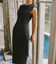 Spring Summer Crepe Slim Sleeveless Crew Neck Long Dress in Black