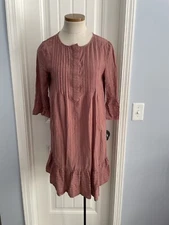 ELLA MARA Small Pink Rose Shift Dress 3/4 Sleeve Cottagecore Lagenlook Peasant