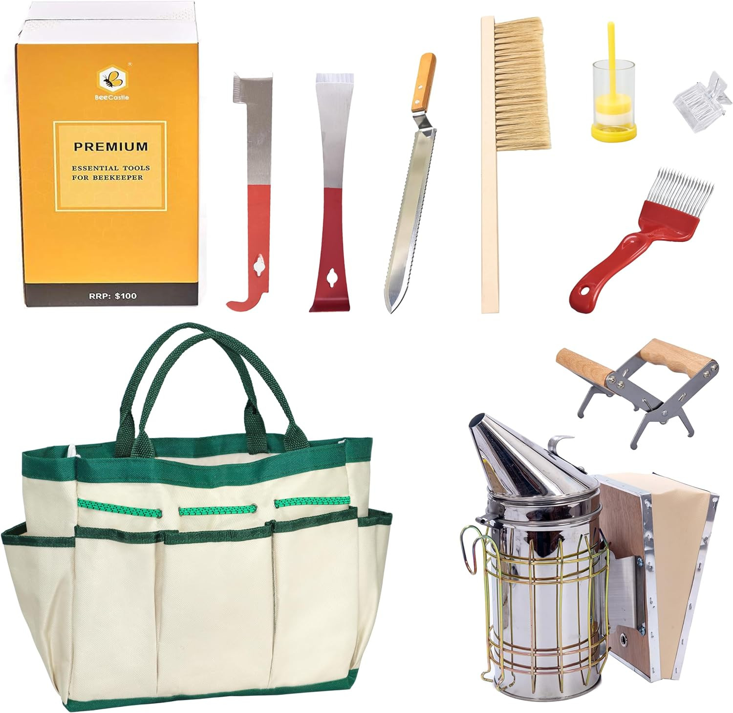 Beecastle 9 Pcs Beekeeping Tools Kit with Organizer Tote for Beekeepers, Necessa
