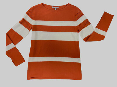 $275 Neiman Marcus Women's Orange/White Cashmere Crewneck Striped Sweater Size S